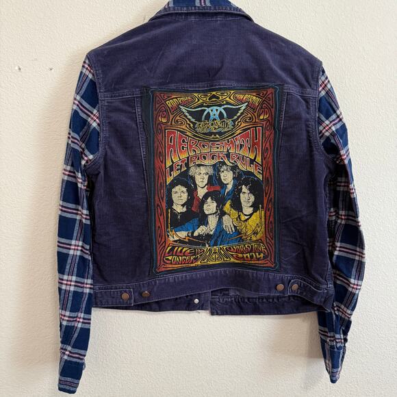 GAP Corduroy Upcycled Trucker Jacket w/Aerosmith Graphic & Flannel Sleeves L - Picture 1 of 12